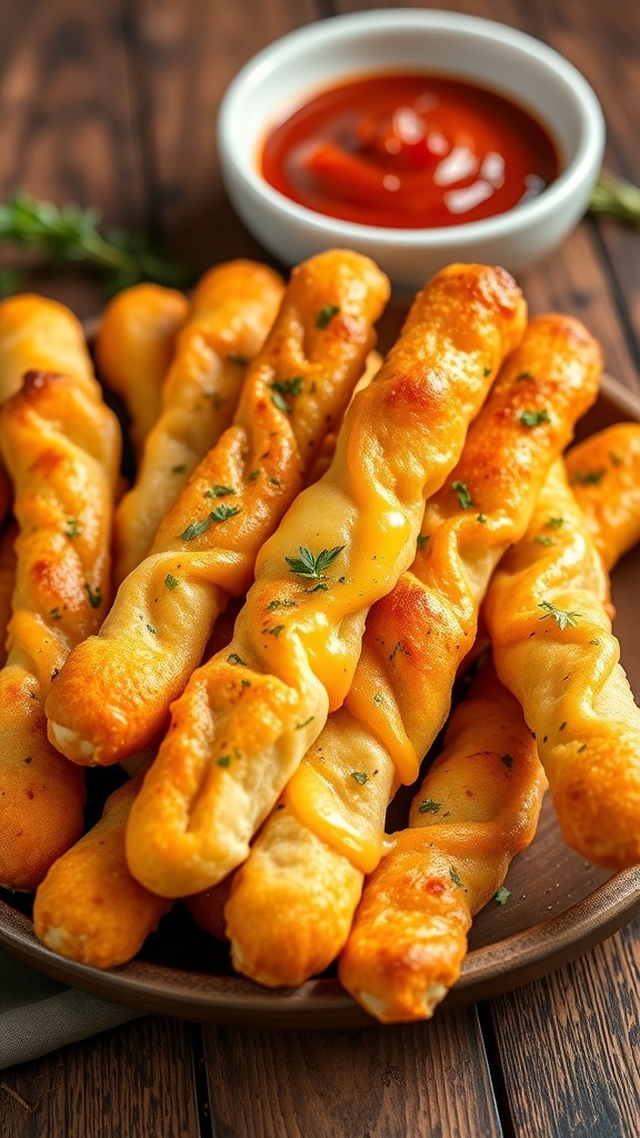 A plate of cheesy garlic breadsticks with melted cheese and herbs, served with marinara sauce.
